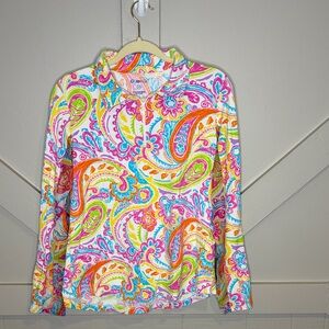 IBKUL Collard Quarter Zip Colorful Paisley Long Sleeve Top Golf Athletic Active